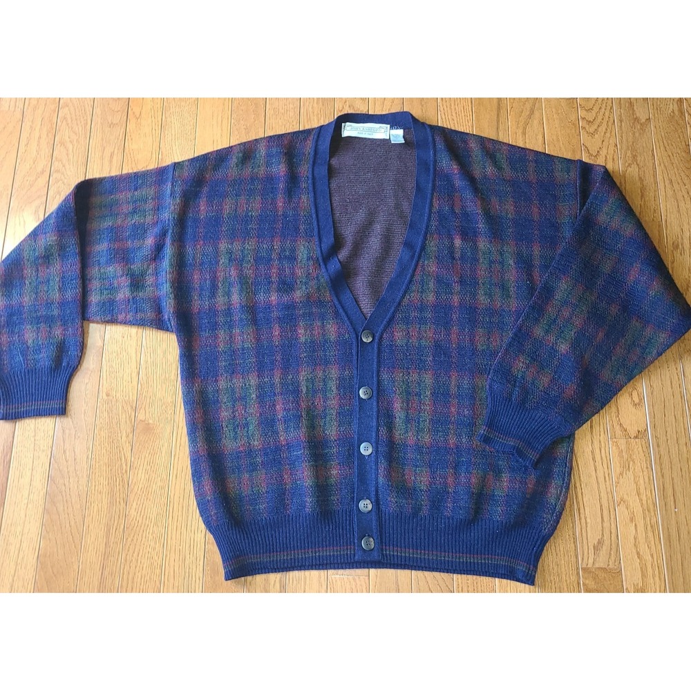 Vtg John Ashford Italy Plaid Cardigan Sweater Men's XL Tartan Wool Blend Navy